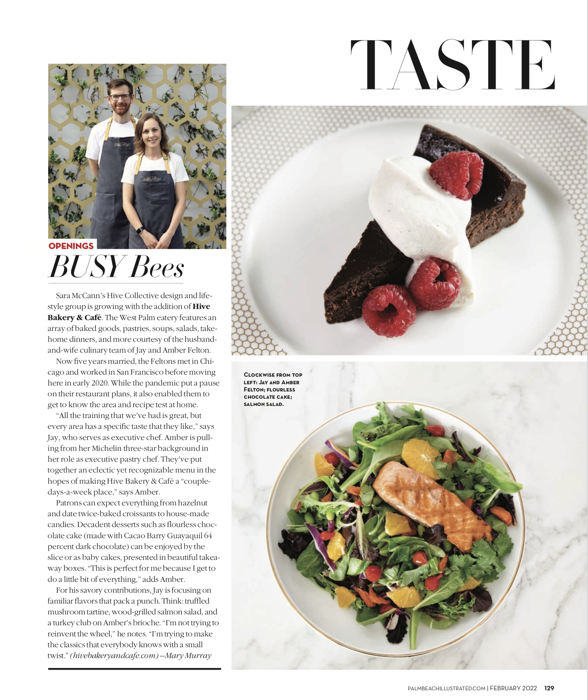 image of palm beach post article with hive bakery and cafe salmon salad and flourless chocolate cake and picture of chefs