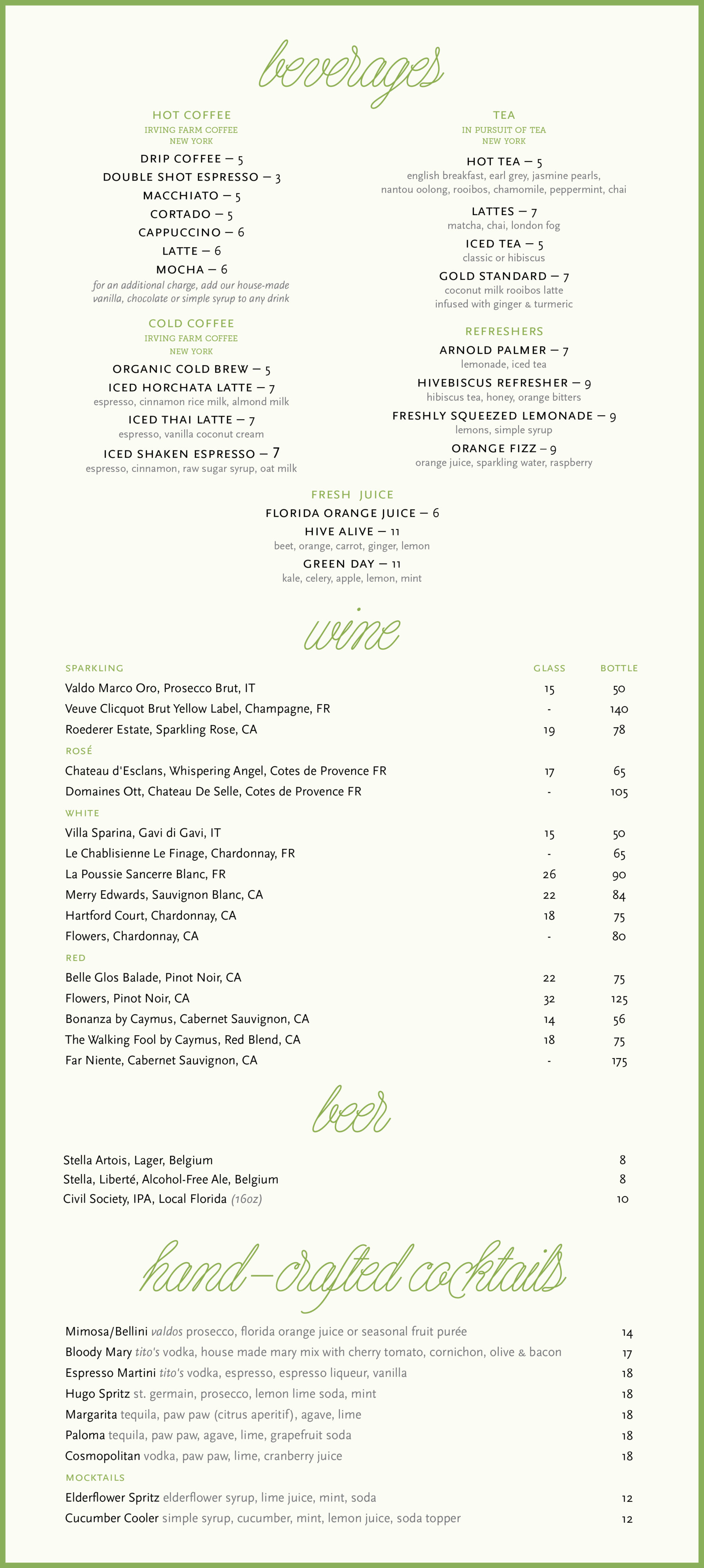Hive bakery and cafe beverage menu