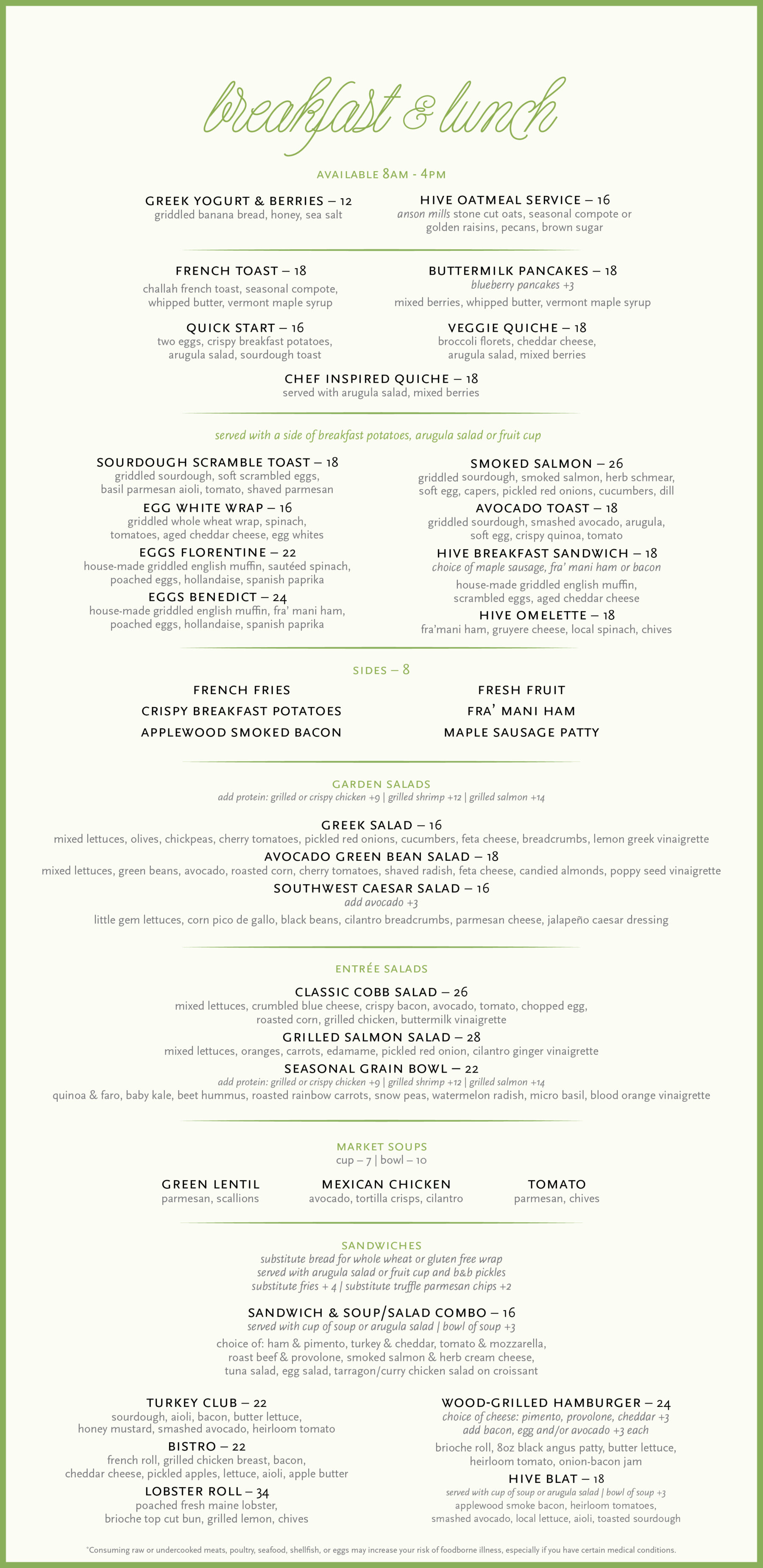 hive bakery and cafe, lunch, breakfast, menu