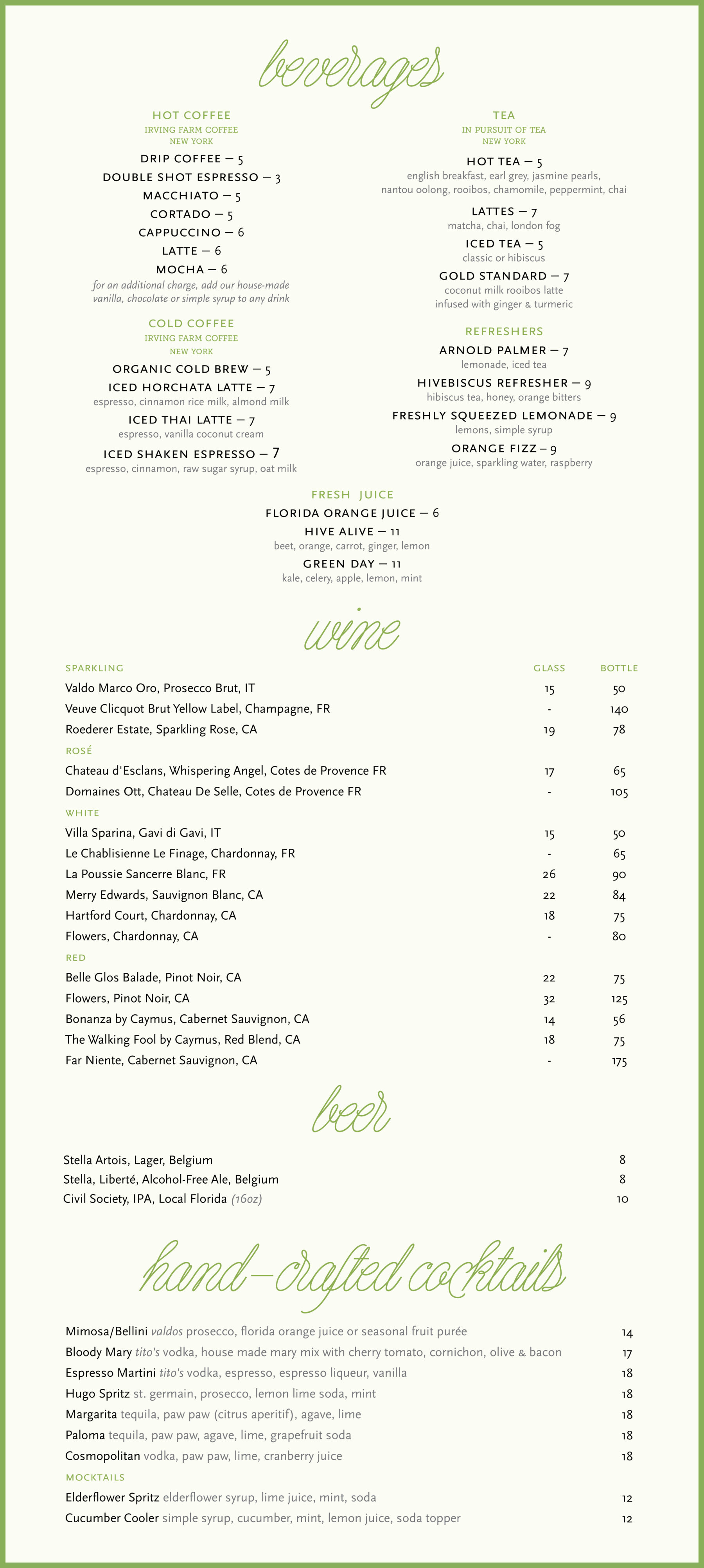 Hive Bakery and Cafe Beverages menu for desktop