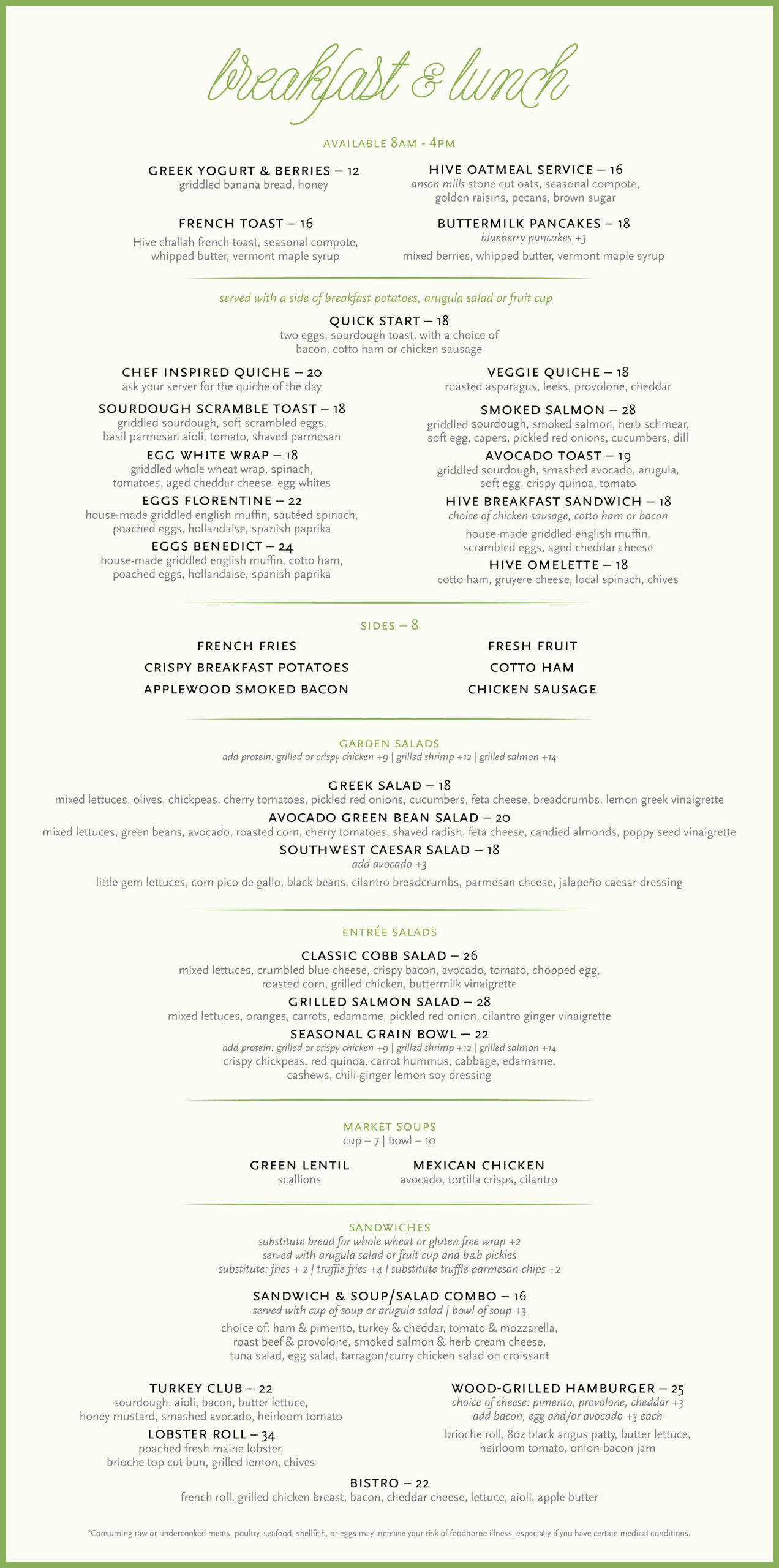 Hive Bakery & Cafe Breakfast & Lunch Menu Desktop